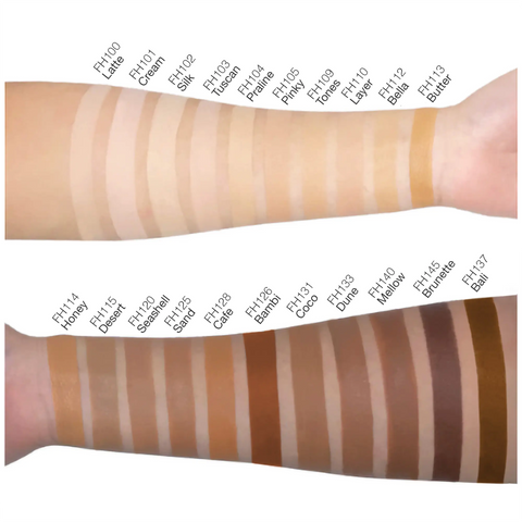 Color swatches on a person's arm with labeled shades of makeup.