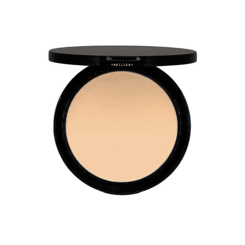 Compact powder in a black case on a white background