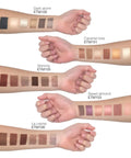 Color swatches on arms with labels for different makeup shades.