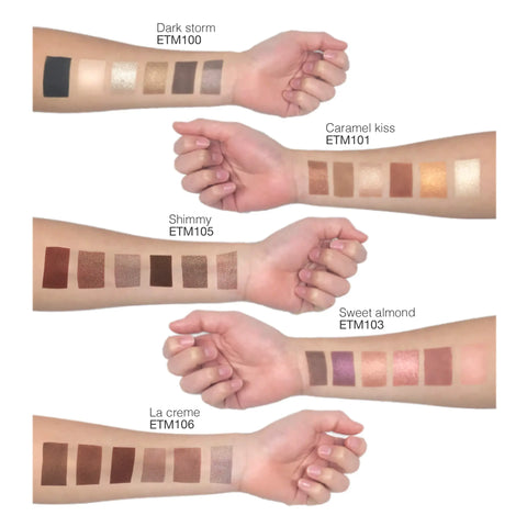 Color swatches on arms with labels for different makeup shades.