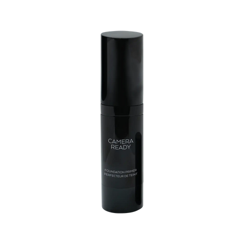 Black cosmetic bottle labeled 'Camera Ready' on a white background