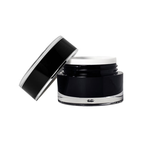 Black cosmetic jar with a white lid on a white background