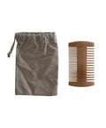 Brown drawstring bag and wooden comb on a white background