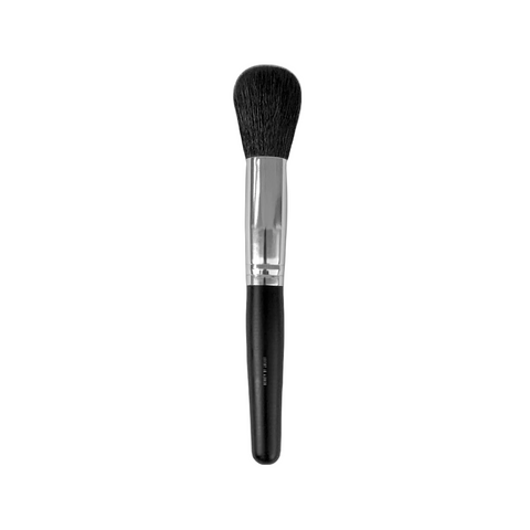 Makeup brush with black bristle head and black handle on a white background