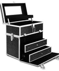 Black and silver makeup storage case with multiple compartments on a white background