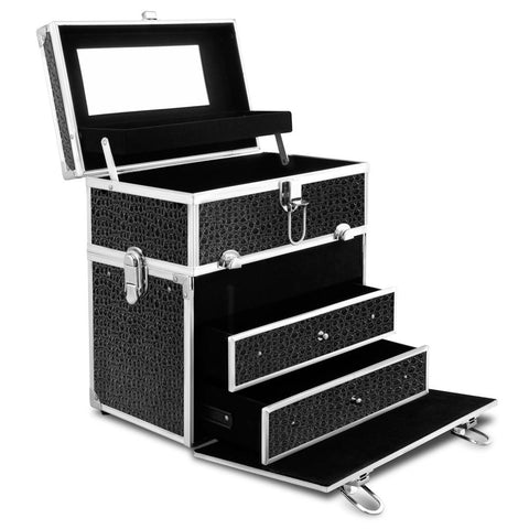 Black and silver makeup storage case with multiple compartments on a white background