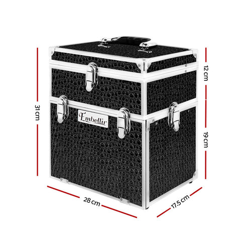 Black textured storage box with silver accents and dimensions on a white background