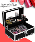 Makeup case with various cosmetic items and red lipsticks on a white background
