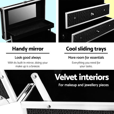 Makeup case with features highlighted, including a mirror, sliding trays, and velvet interiors.