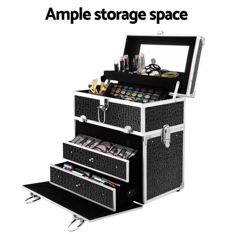 Black makeup storage case with multiple drawers and cosmetic items on a white background