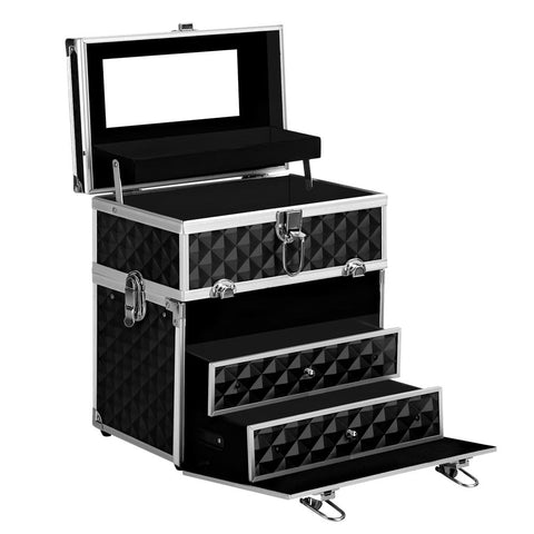 Black and silver makeup case with multiple drawers on a white background