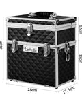 Black quilted makeup case with dimensions and 'Embellir' branding on a white background