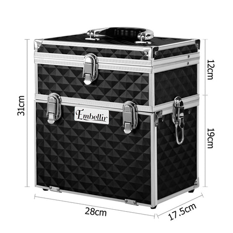 Black quilted makeup case with dimensions and 'Embellir' branding on a white background