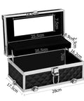 Black and silver makeup storage case with dimensions labeled