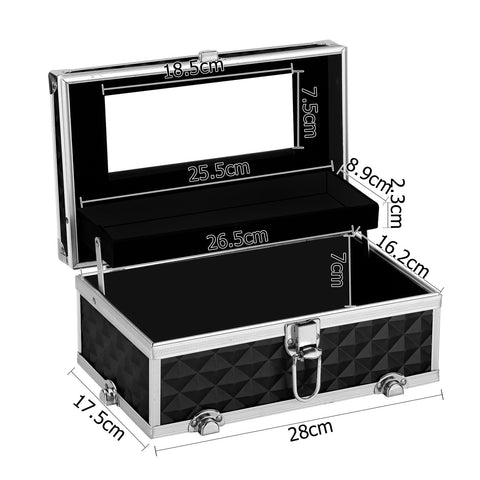 Black and silver makeup storage case with dimensions labeled