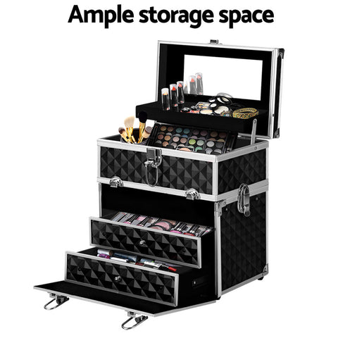 Black makeup storage case with multiple drawers and cosmetic items on a white background