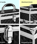 Black and silver makeup case with handle, aluminium frame, sturdy joints, and rounded corners.