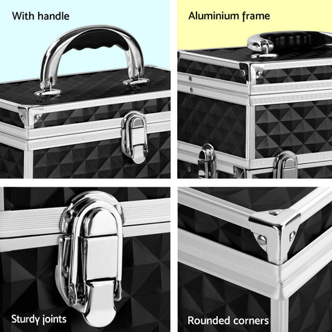 Black and silver makeup case with handle, aluminium frame, sturdy joints, and rounded corners.
