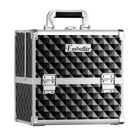 Makeup case with geometric pattern and 'Embellir' branding on a white background