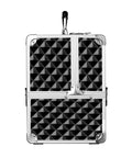Black geometric patterned suitcase with silver accents on a white background