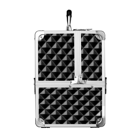 Black geometric patterned suitcase with silver accents on a white background