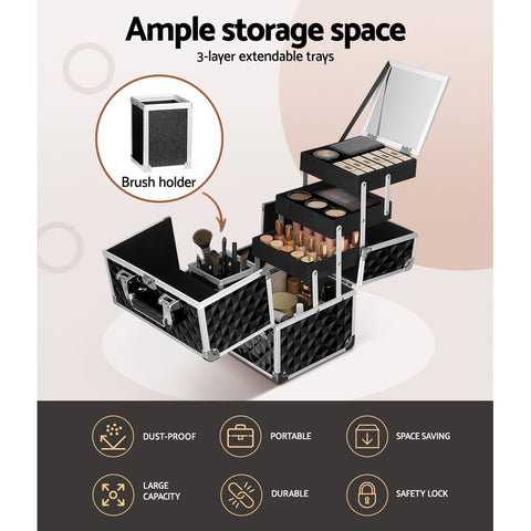 Makeup organizer with extendable trays and brush holder on a light background
