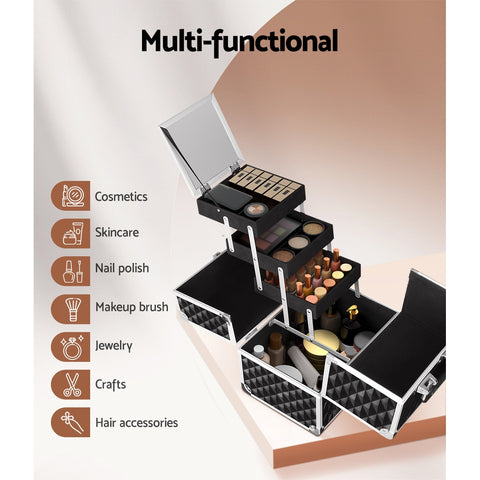 Multi-functional organizer with compartments for cosmetics, skincare, nail polish, makeup brush, jewelry, crafts, and hair accessories.