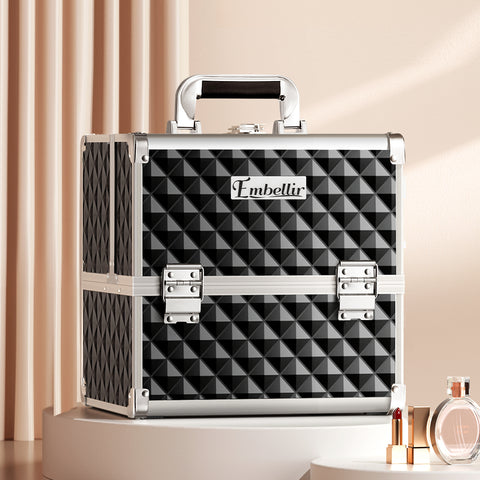 Makeup case with geometric pattern and 'Embellir' branding on a neutral background