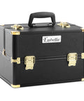 Black makeup case with gold accents and 'Embellir' logo on a white background