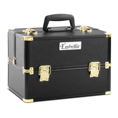 Black makeup case with gold accents and 'Embellir' logo on a white background