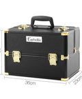 Black makeup case with gold accents and 'Embellir' branding, shown with dimensions on a white background.
