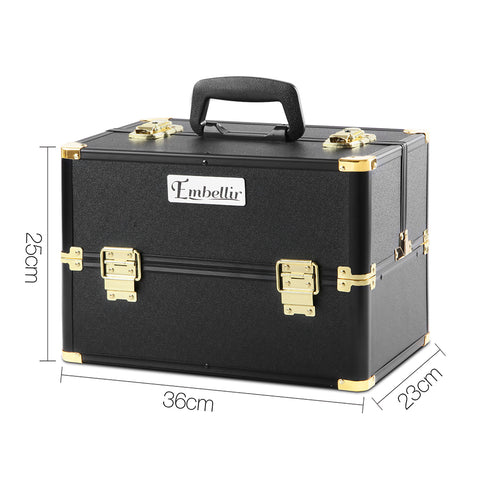 Black makeup case with gold accents and 'Embellir' branding, shown with dimensions on a white background.