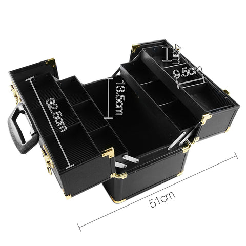 Black tool box with gold accents and measurements on a white background