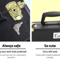Black toolbox with gold lock mechanism and key, featuring text on safety and ease of use.