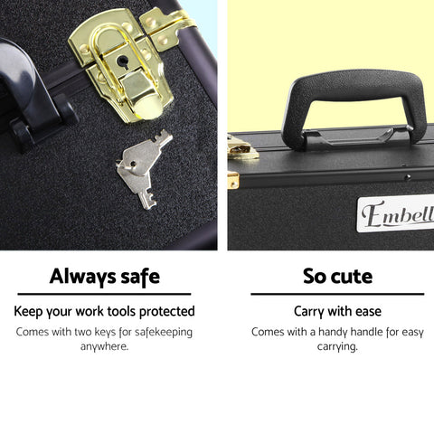 Black toolbox with gold lock mechanism and key, featuring text on safety and ease of use.