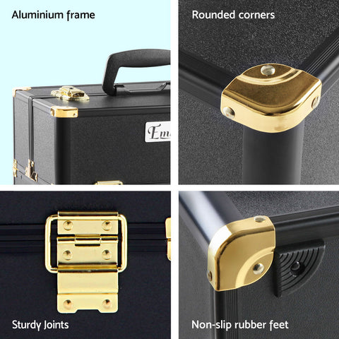Black suitcase with gold hardware on a light blue background, highlighting features like aluminium frame, rounded corners, sturdy joints, and non-slip rubber feet.