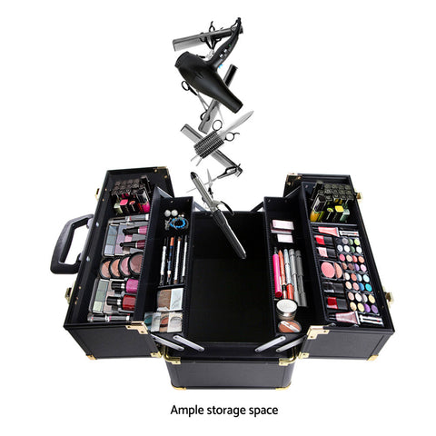 Makeup case with various cosmetic items and tools on a white background