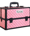 Pink geometric patterned makeup case with black accents and 'Embellir' branding on a white background