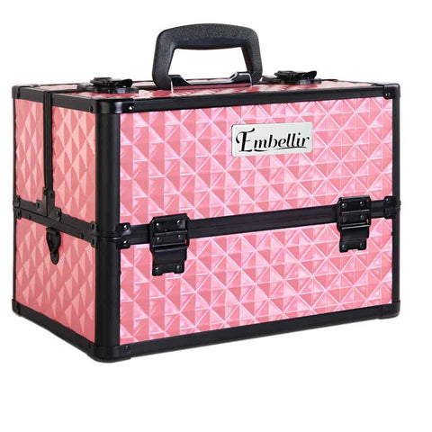 Pink geometric patterned makeup case with black accents and 'Embellir' branding on a white background