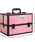 Pink geometric patterned makeup case with black accents and 'Embellir' branding, shown with dimensions on a white background.