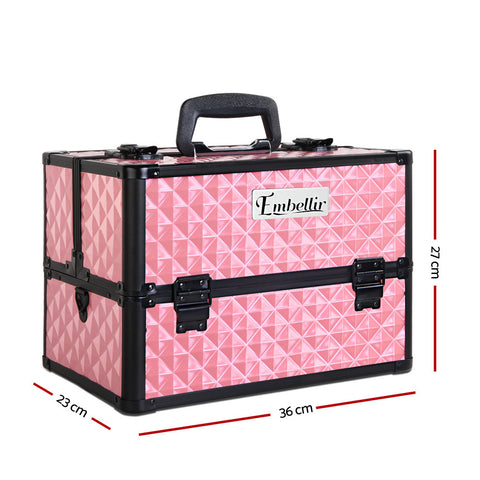 Pink geometric patterned makeup case with black accents and 'Embellir' branding, shown with dimensions on a white background.