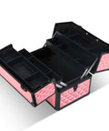 Pink and black storage case with open compartments on a white background