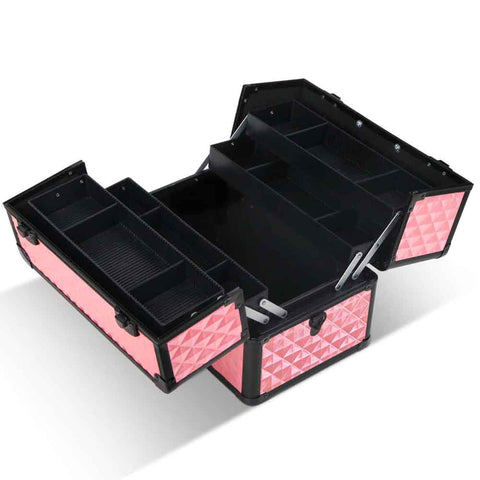 Pink and black storage case with open compartments on a white background