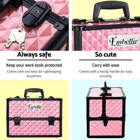 Pink and black tool case with geometric pattern, keys, and 'Embellir' branding.
