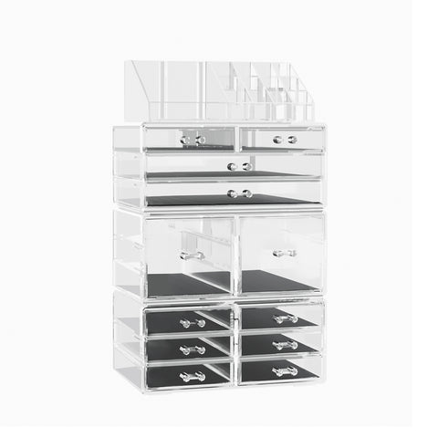 Clear acrylic jewelry display case with multiple drawers on a white background