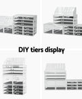 Collage of clear acrylic display tiers with text 'DIY tiers display' on a white background
