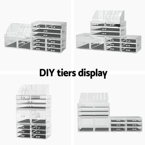 Collage of clear acrylic display tiers with text 'DIY tiers display' on a white background