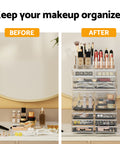 Before and after comparison of a makeup organizer with various cosmetic items.