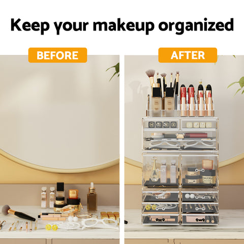 Before and after comparison of a makeup organizer with various cosmetic items.