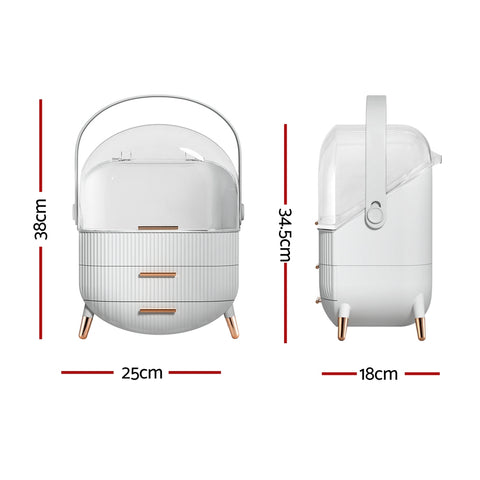 Dimensions of a white product with gold accents on a white background